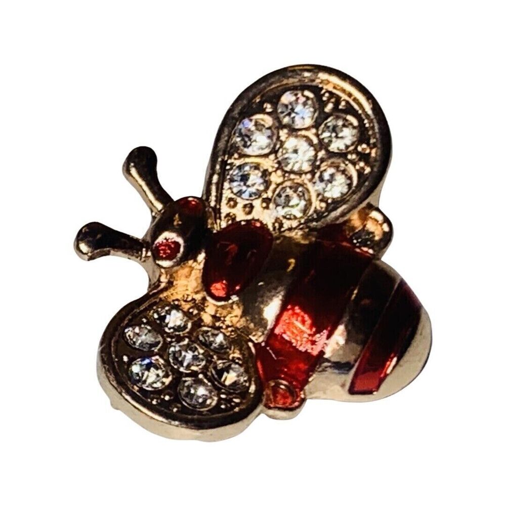 Rhinestone Bumble Bee Brooch Pin 1 1/8” Red Icy Cute